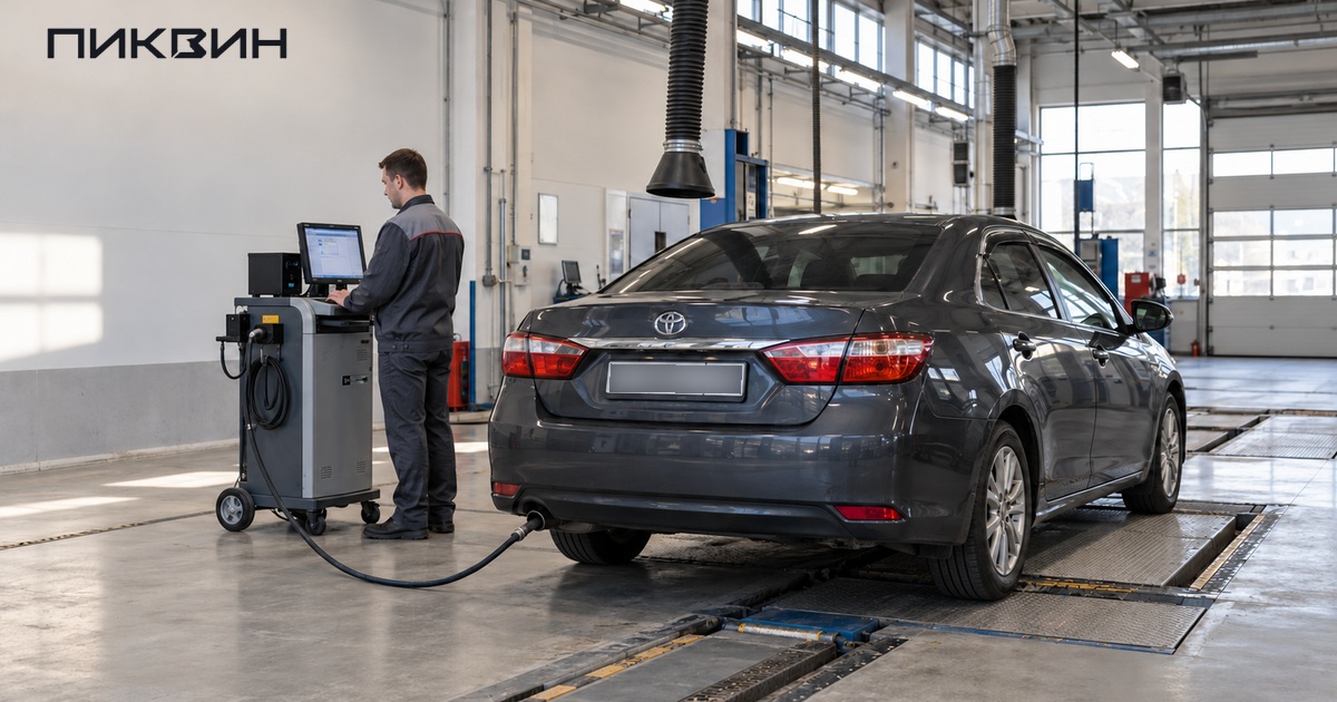 Проверка выхлопа автомобиля газоанализатором на линии техосмотра