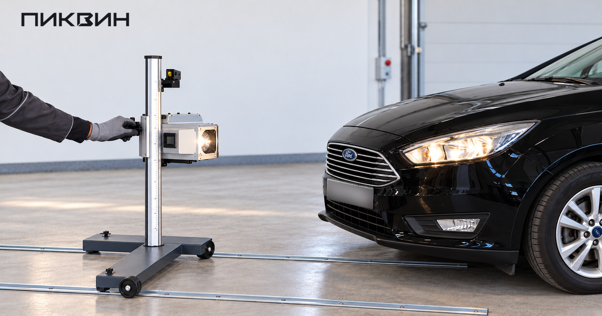 Оптический прибор установлен перед фарой Ford Focus на ровном посту