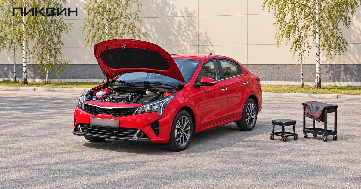 Красный обновлённый Kia Rio на городской площадке