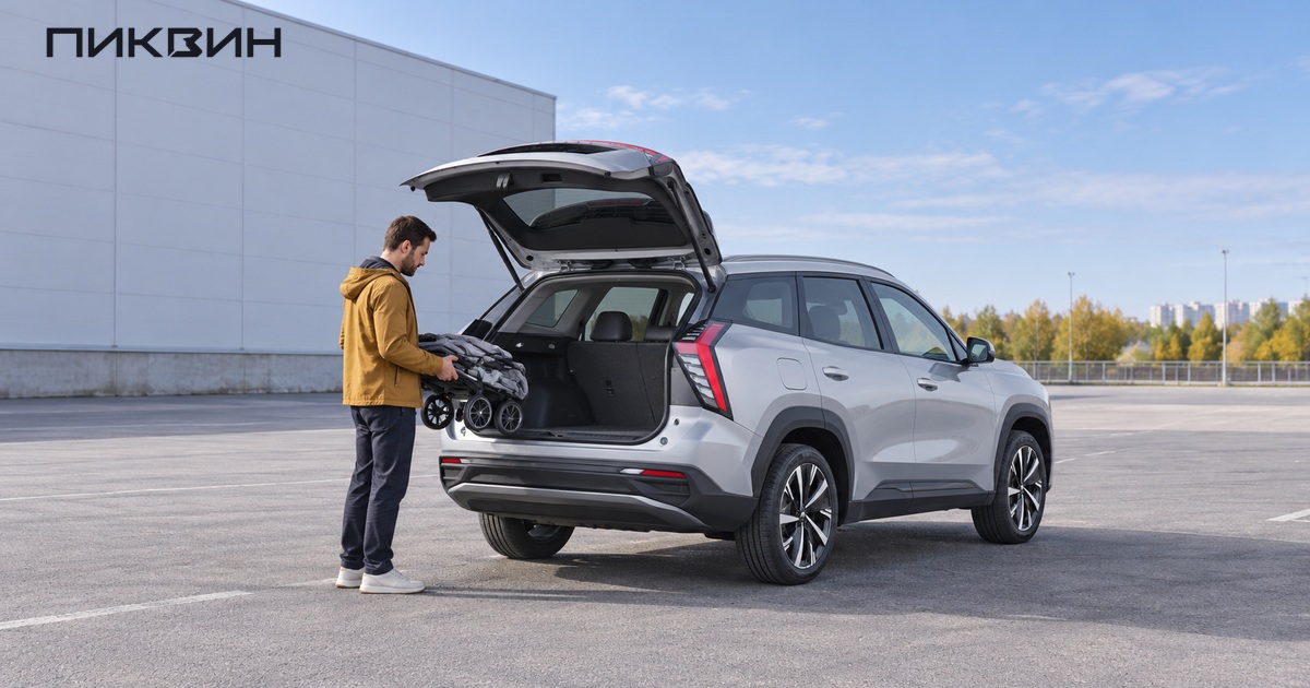Примерка сложенной коляски к багажнику Geely Atlas перед покупкой