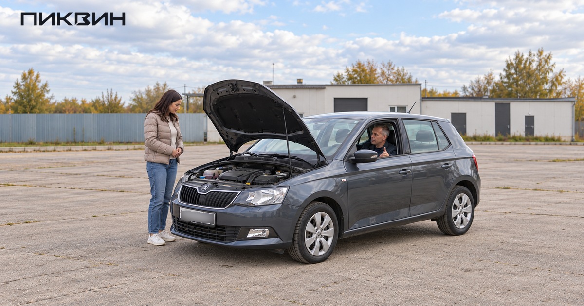 Покупатель и специалист осматривают подержанный автомобиль с открытым капотом.