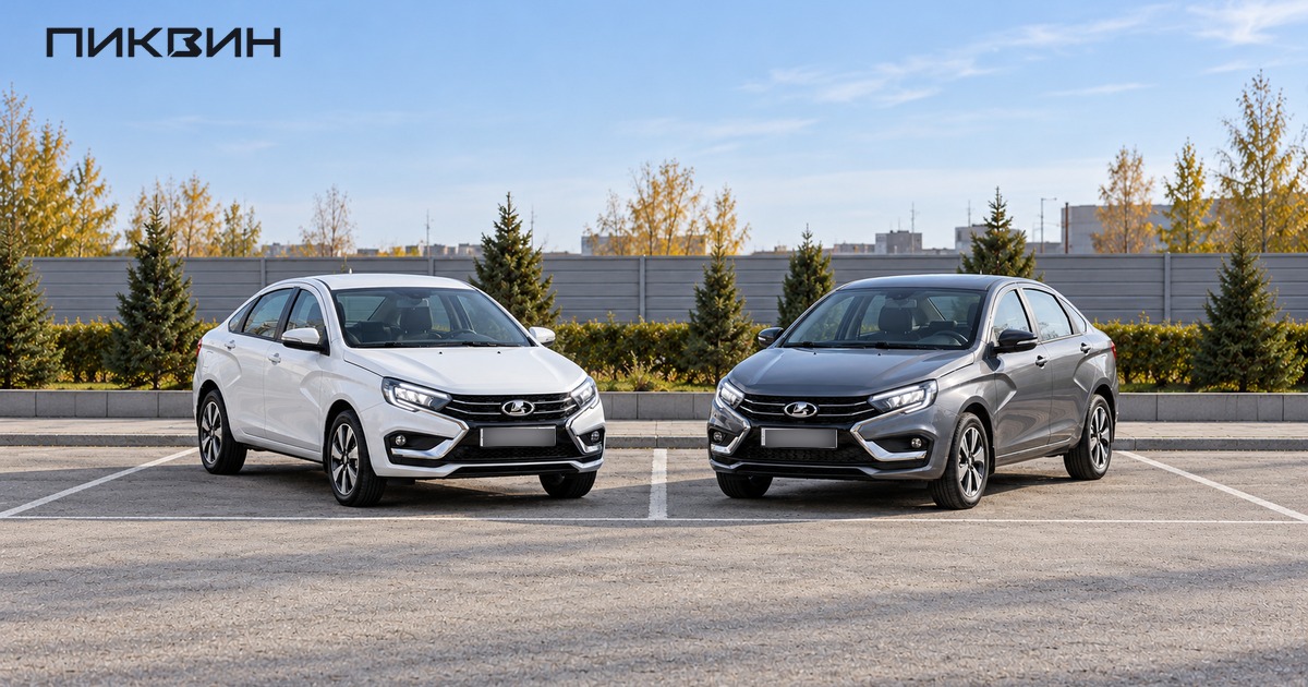 Две новые Lada Vesta седан на нейтральной площадке для сравнения исполнений.