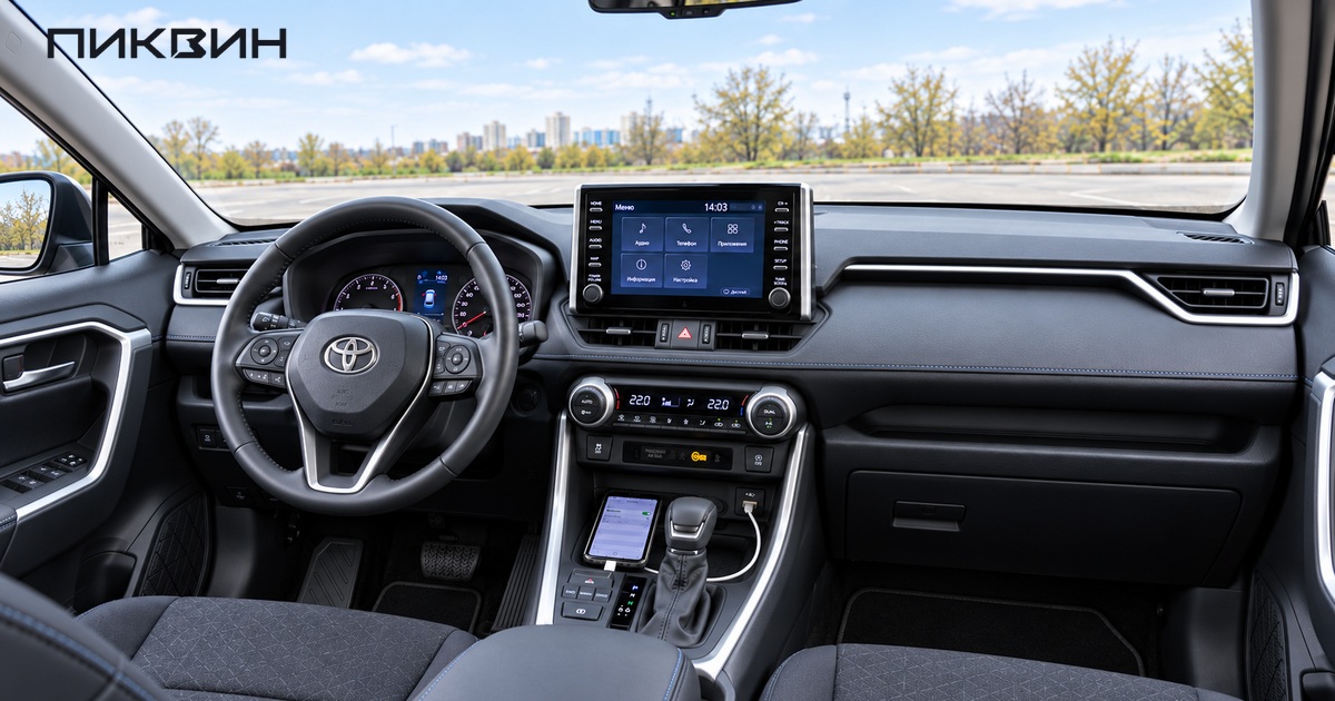 Условная редакционная иллюстрация проверки мультимедиа Toyota RAV4 перед покупкой.