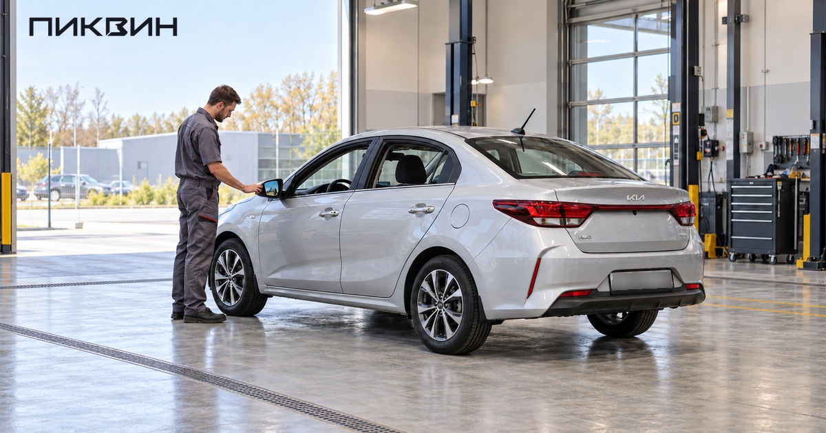 Условная иллюстрация проверки наружного зеркала Kia Rio перед покупкой.
