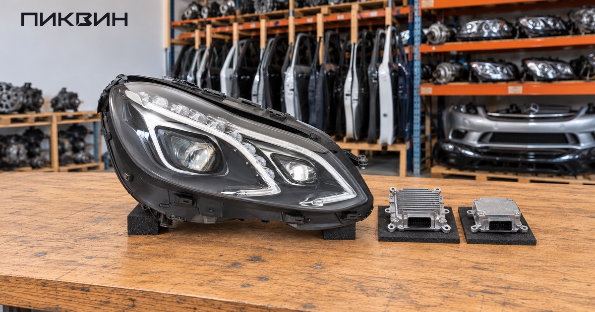 Правая LED-фара Mercedes-Benz W212 и два отдельных электронных модуля на столе авторазбора