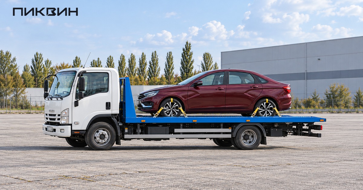 Lada Vesta NG закреплена колёсными ремнями на горизонтальной платформе эвакуатора