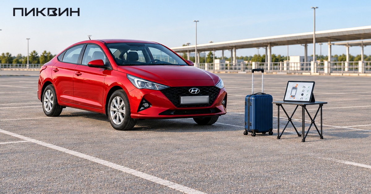 Красный Hyundai Solaris, чемодан и планшет со схемой осмотра перед арендой