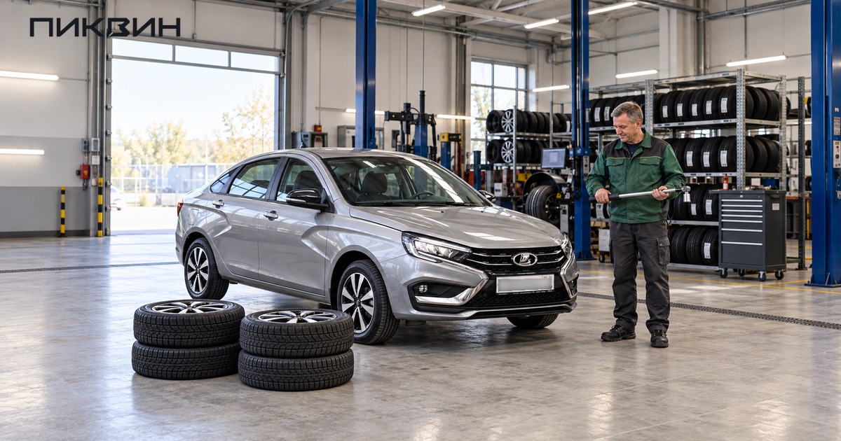 Мастер с динамометрическим ключом рядом с Lada Vesta и четырьмя снятыми колёсами