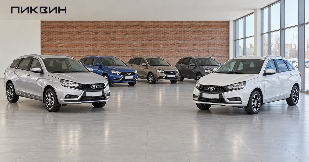 Выбор нескольких Lada Vesta SW разных цветов в автомобильном салоне.