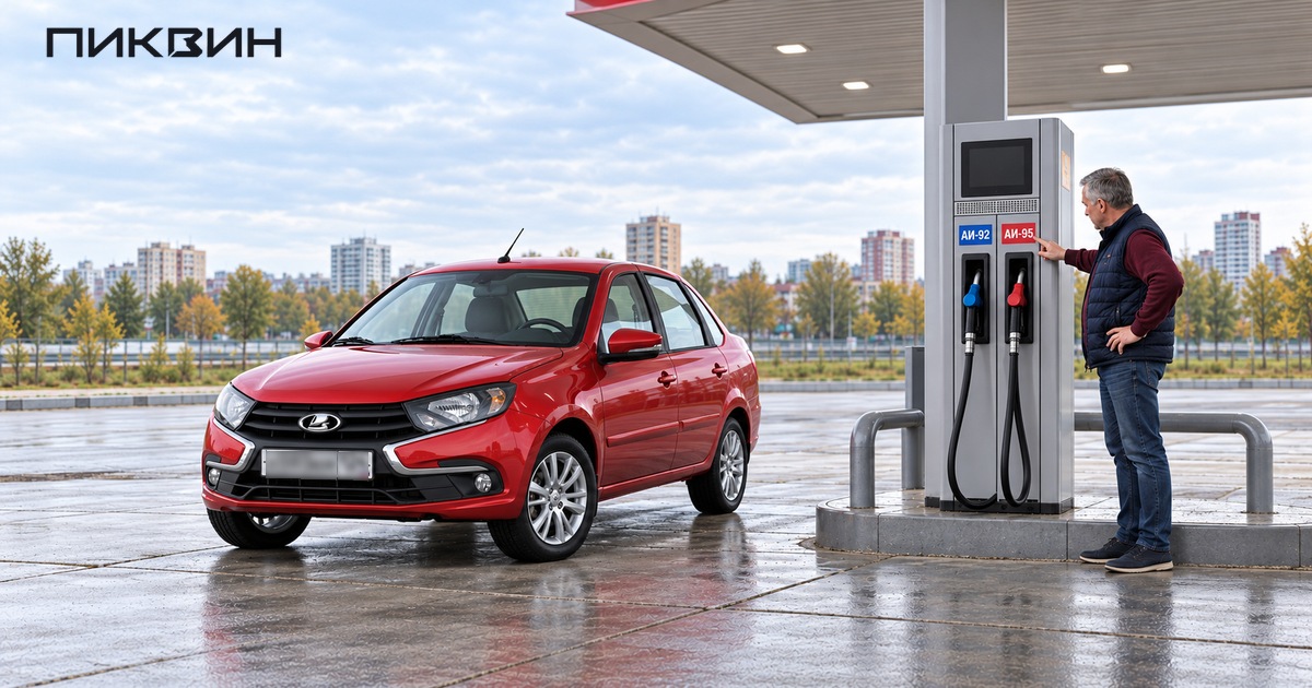 Водитель сверяет сорт бензина на колонке рядом с Lada Granta седан.