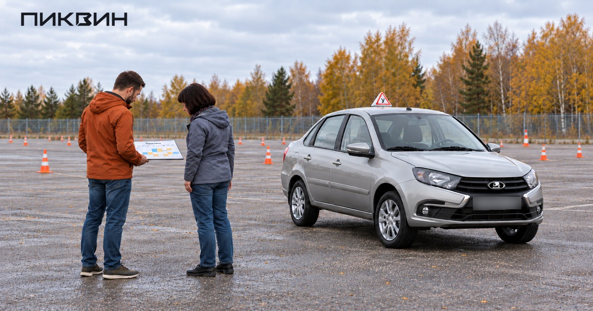 Обсуждение расписания практики рядом с учебной Lada Granta на закрытой площадке.