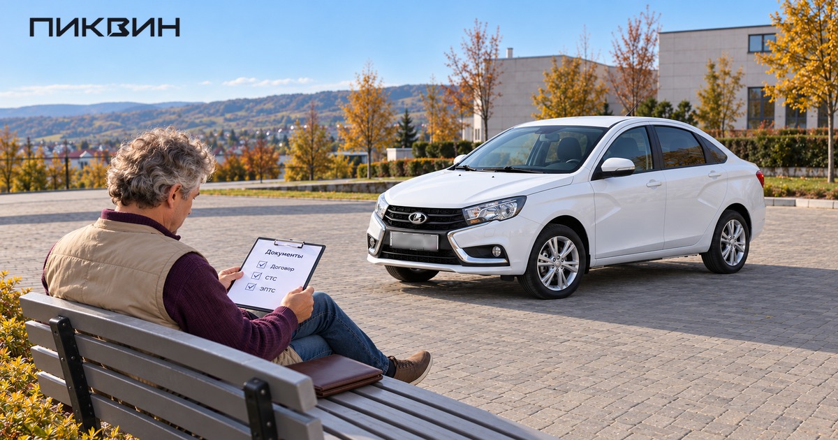 Владелец готовит список документов рядом с Lada Vesta седан перед регистрацией.
