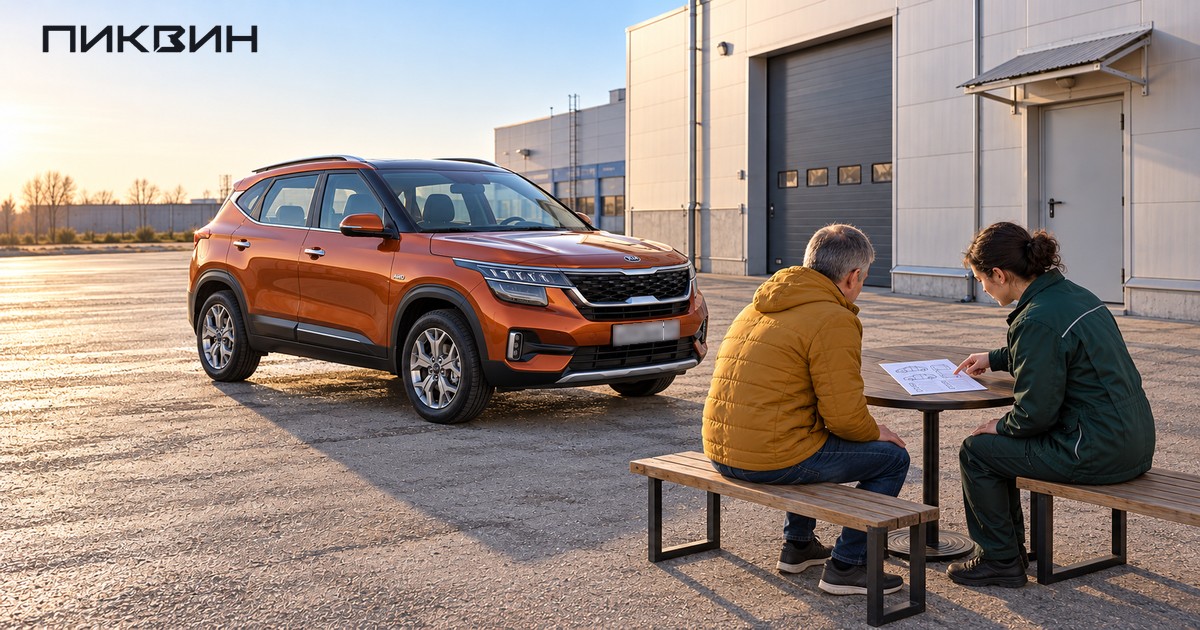 Покупатель и специалист обсуждают проверку Kia Seltos 2021 года у сервиса в Тольятти.