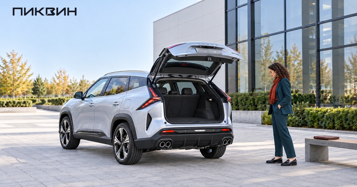 Покупательница сбоку от открытого багажника Geely Cityray Flagship.