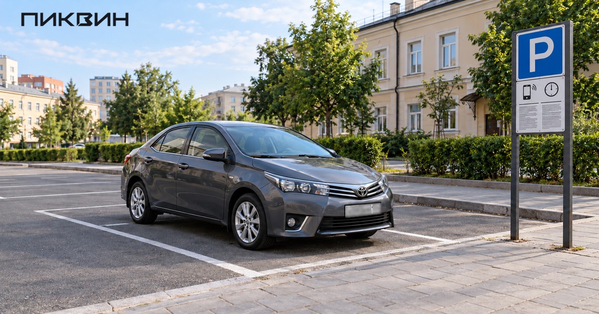 Автомобиль внутри размеченного парковочного места рядом с информационным щитом.