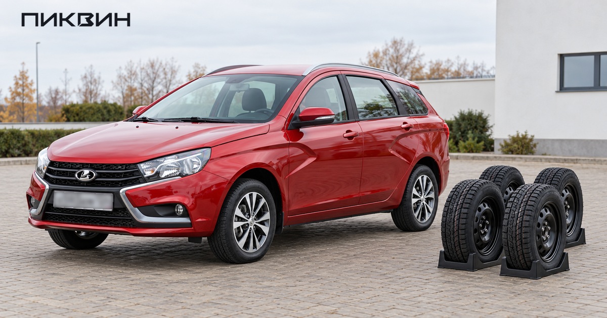 Lada Vesta SW рядом с четырьмя зимними колёсами с дисками.