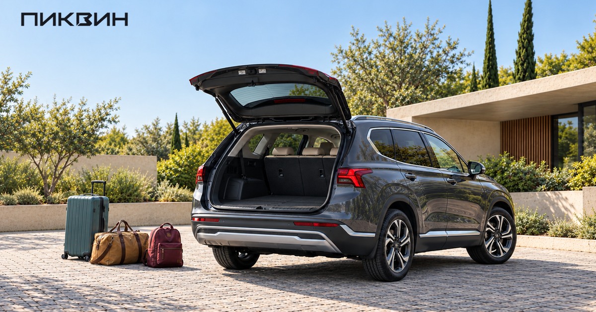 Hyundai Santa Fe с открытым багажником и дорожными сумками перед семейной поездкой.