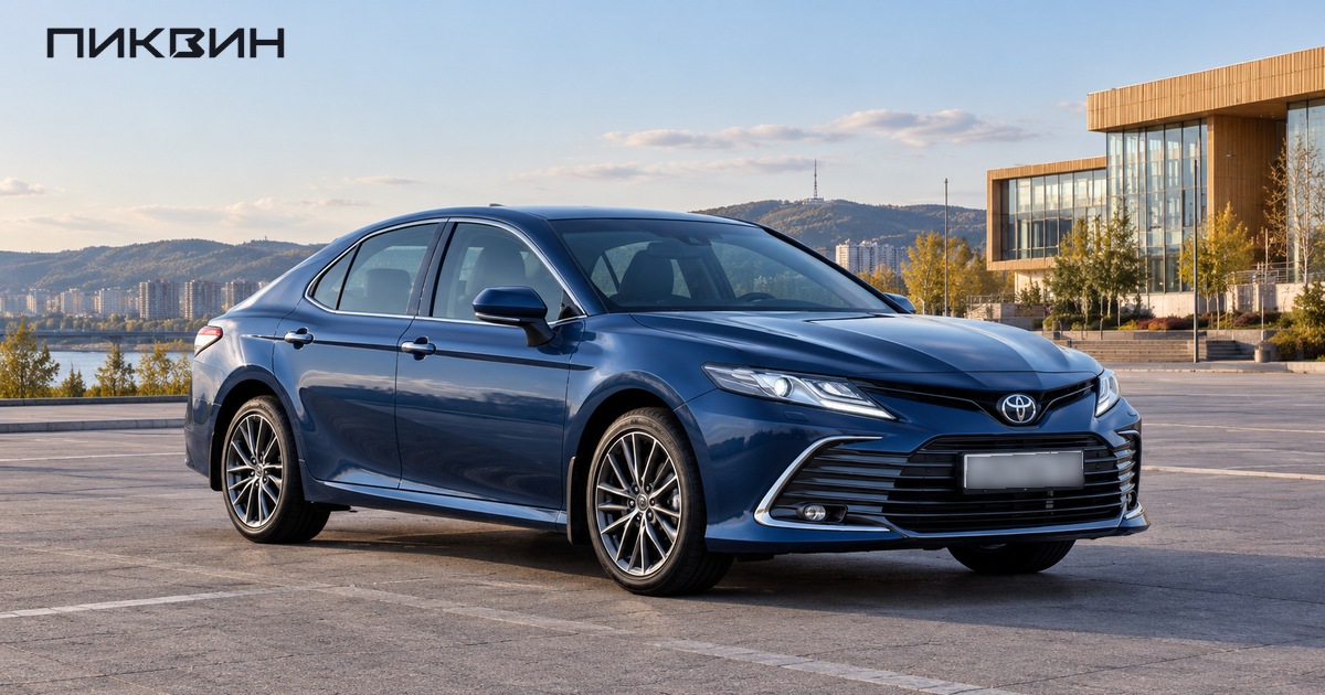 Синяя Toyota Camry XV70 на нейтральной площадке для материала о покупке автомобиля в Красноярске.