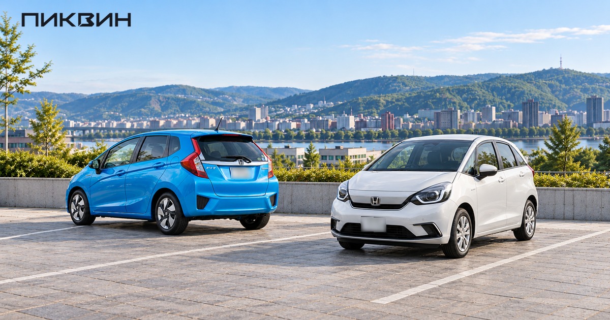 Голубой Honda Fit третьего поколения и белый Honda Fit четвёртого поколения на площадке у городских холмов.