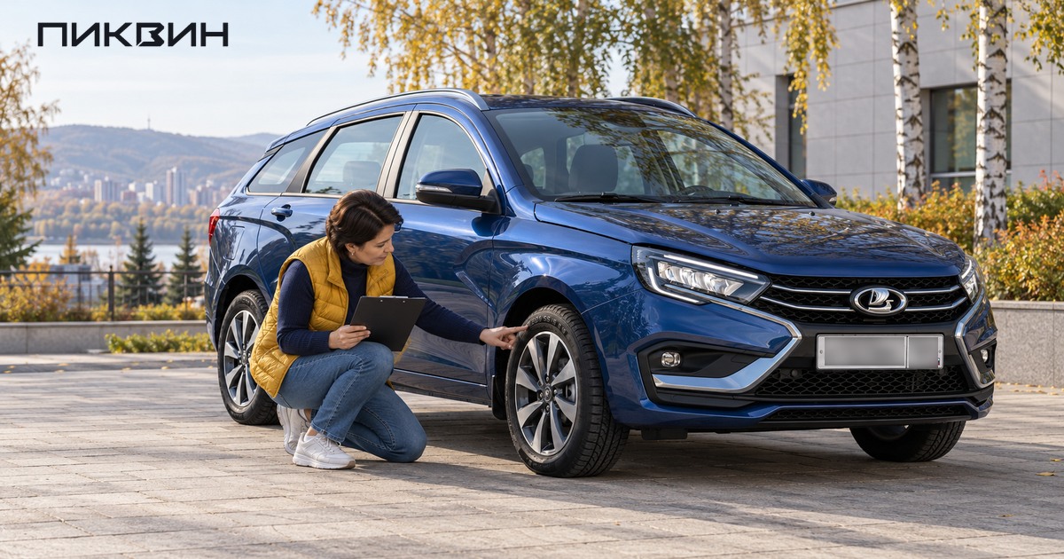 Покупательница рассматривает маркировку передней шины синей Lada Vesta SW.