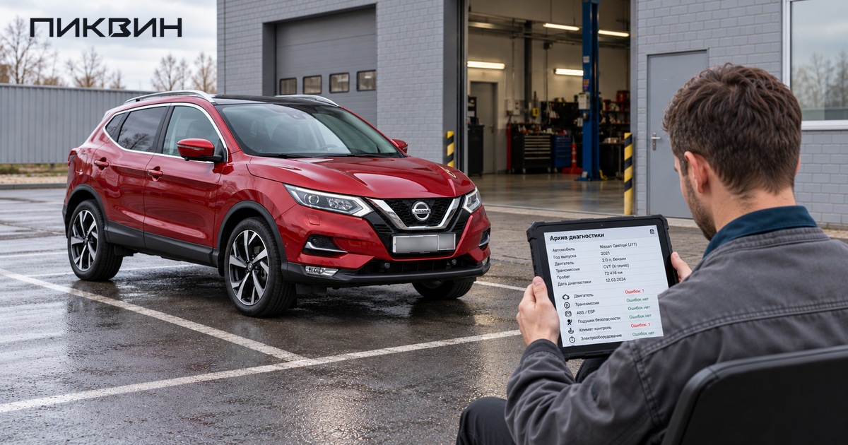 Диагност читает сохранённый отчёт рядом с красным Nissan Qashqai J11.