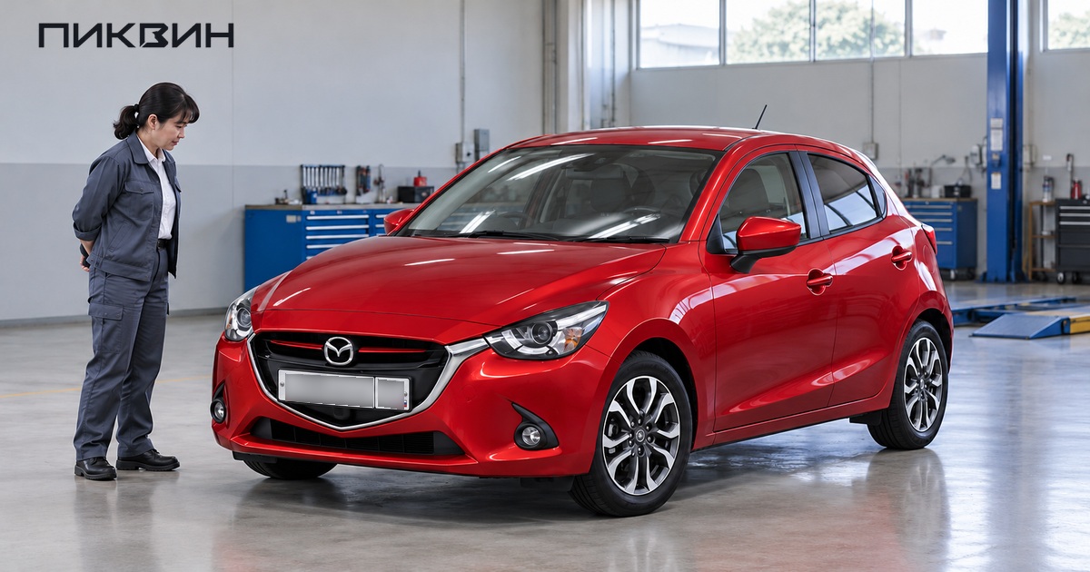 Специалист осматривает красную Mazda Demio четвёртого поколения в сервисном боксе.