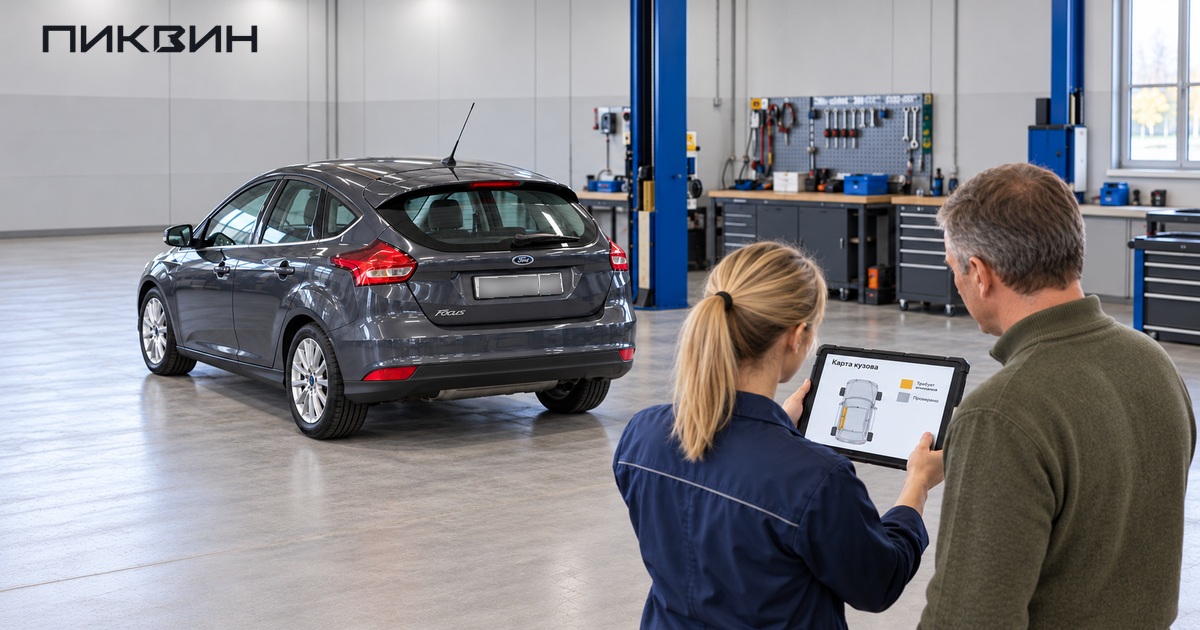 Специалист и покупатель изучают карту осмотра кузова рядом с Ford Focus.