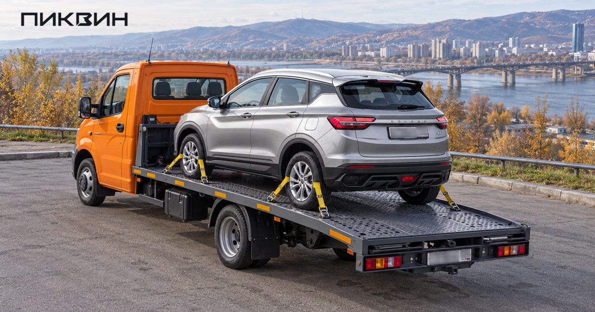 Закреплённый автомобиль на открытой платформе эвакуатора в городском кармане Красноярска.