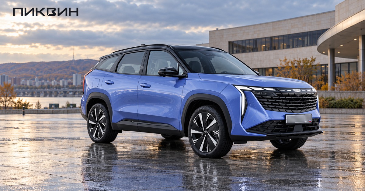 Синий Geely Atlas нового поколения на городской площадке Красноярска после дождя.