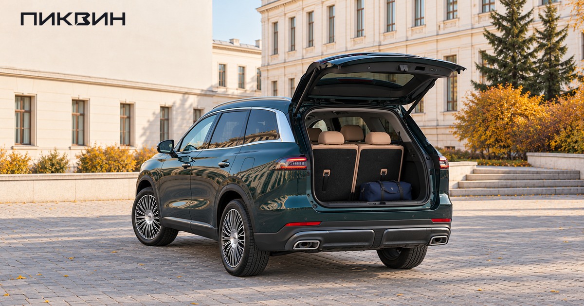 Открытый багажник Chery Tiggo 9 с поднятыми сиденьями третьего ряда и небольшой сумкой.