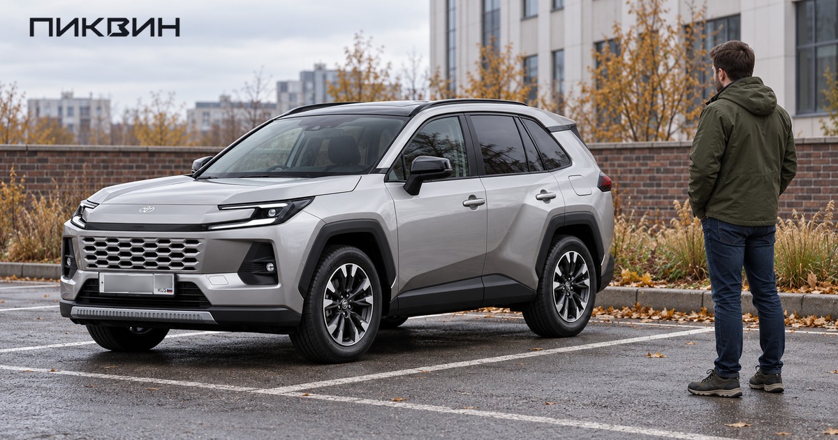Покупатель рассматривает японский Toyota RAV4 HEV шестого поколения на открытой площадке.