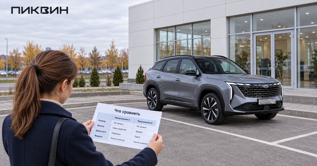 Покупательница сравнивает условия предложений у автомобиля возле нейтрального салона.