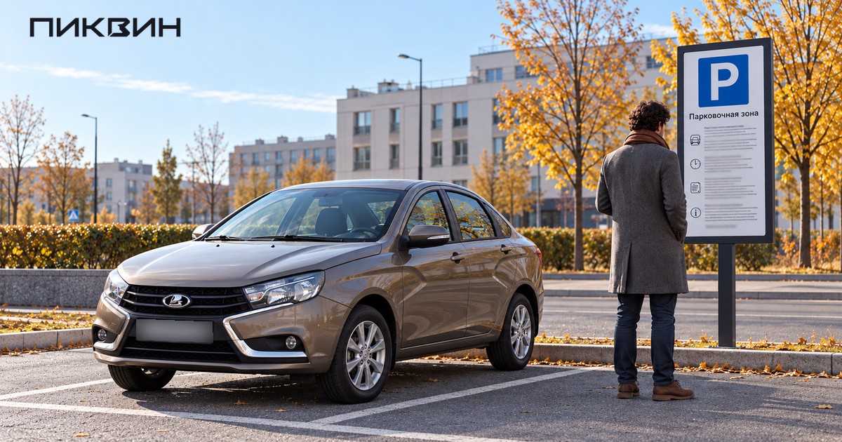 Водитель проверяет информацию парковочной зоны рядом с Lada Vesta.