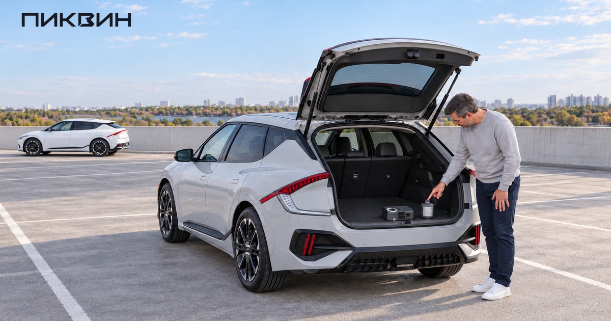 Осмотр отключённого ремонтного набора в багажнике Kia EV6 перед покупкой.