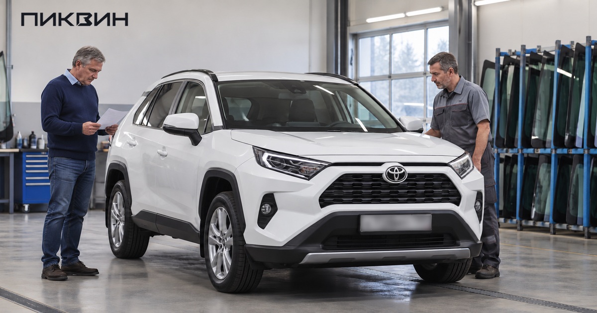 Осмотр установленного лобового стекла RAV4 перед согласованием дальнейших работ.