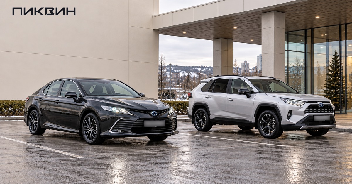 Седан Toyota Camry и кроссовер Toyota RAV4 рядом на автомобильной площадке.