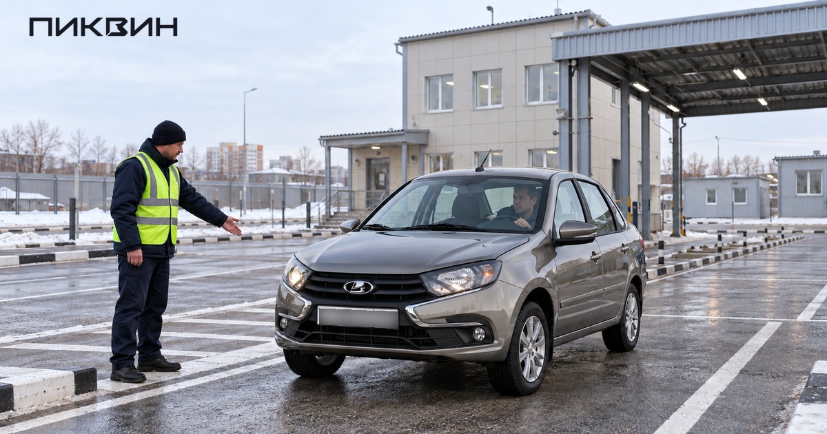 Подъезд автомобиля к площадке осмотра перед регистрационным действием.