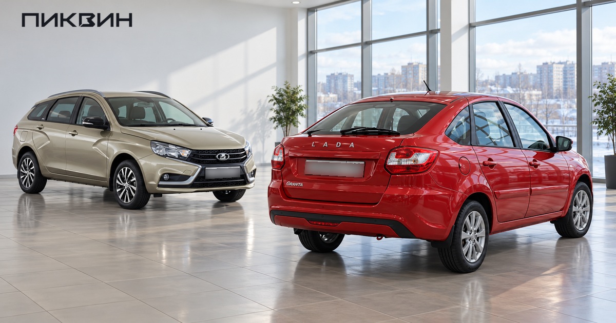 Lada Vesta SW и Granta лифтбек в просторном автомобильном салоне.