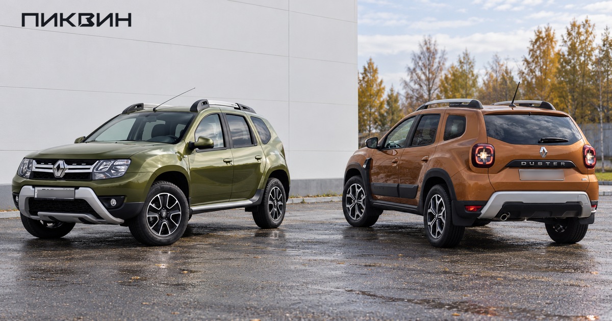Два российских поколения Renault Duster в переднем и заднем ракурсах.