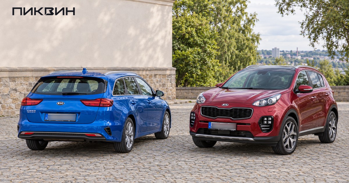 Синий универсал Kia Ceed Sportswagon и бордовый кроссовер Sportage стоят отдельно с закрытыми дверями.