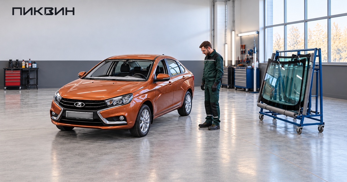 Специалист рядом с LADA Vesta без ветрового стекла; отдельно стоит стеллаж автомобильных стёкол.