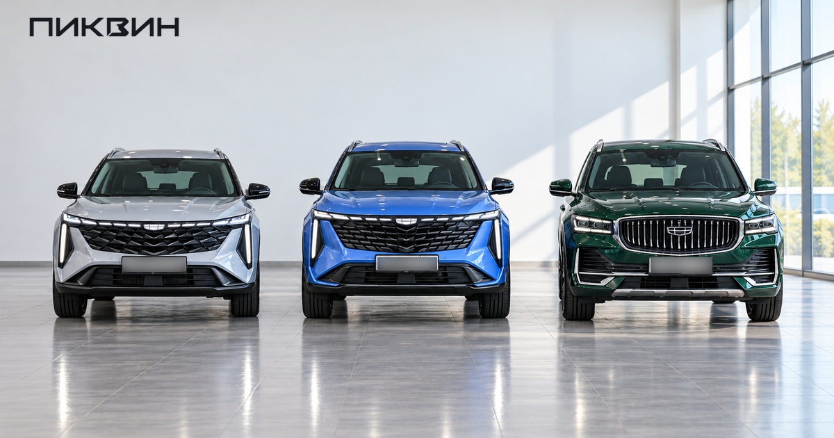 Geely Cityray, Atlas и Monjaro стоят отдельно в ряд перед камерой.
