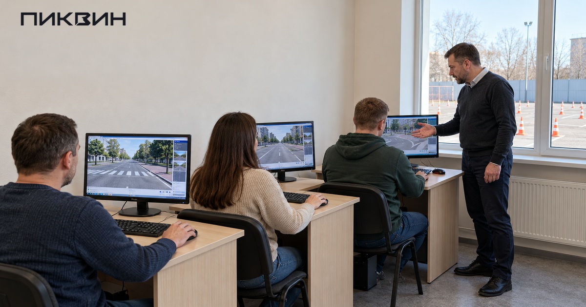 Взрослые ученики и преподаватель разбирают дорожные ситуации в компьютерном классе автошколы.