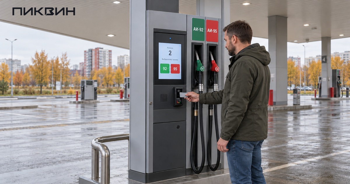 Покупатель с картой у терминала самообслуживания на нейтральной АЗС.