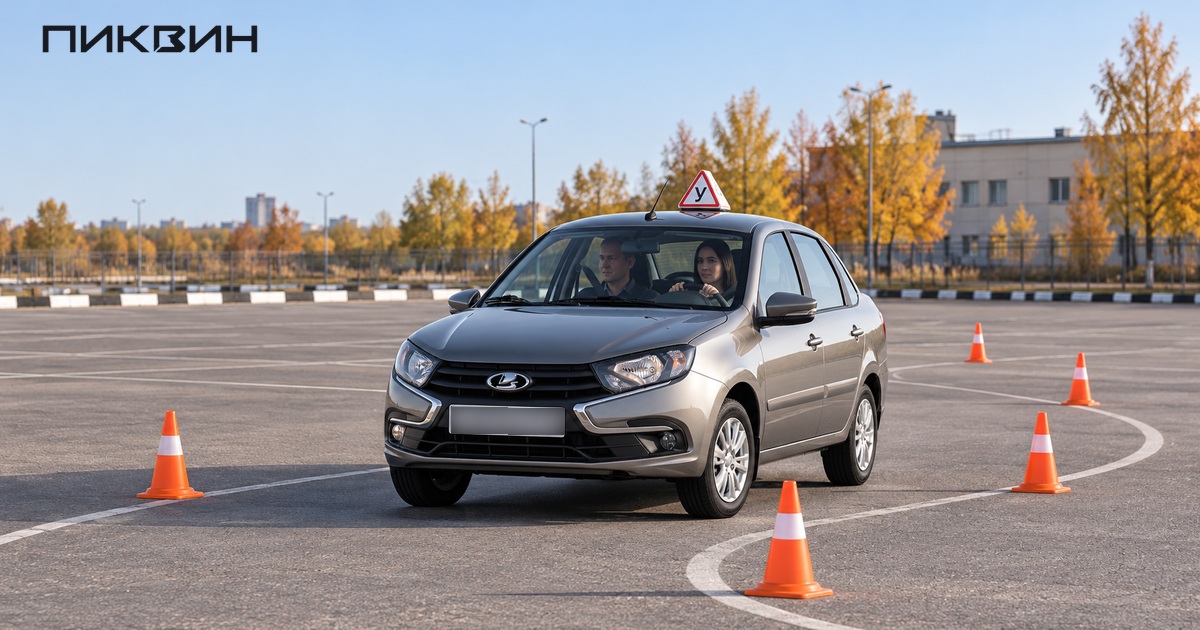 Учебный автомобиль Lada Granta среди конусов на закрытой площадке.