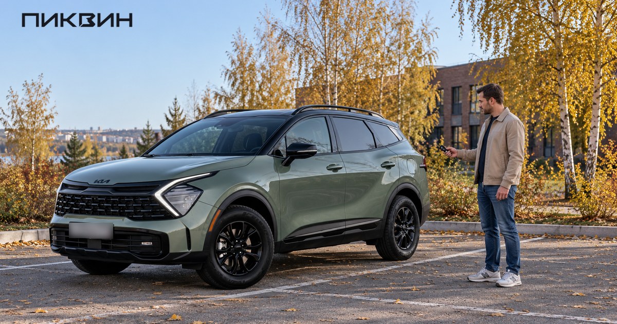 Покупатель с брелоком рядом с Kia Sportage американского исполнения.