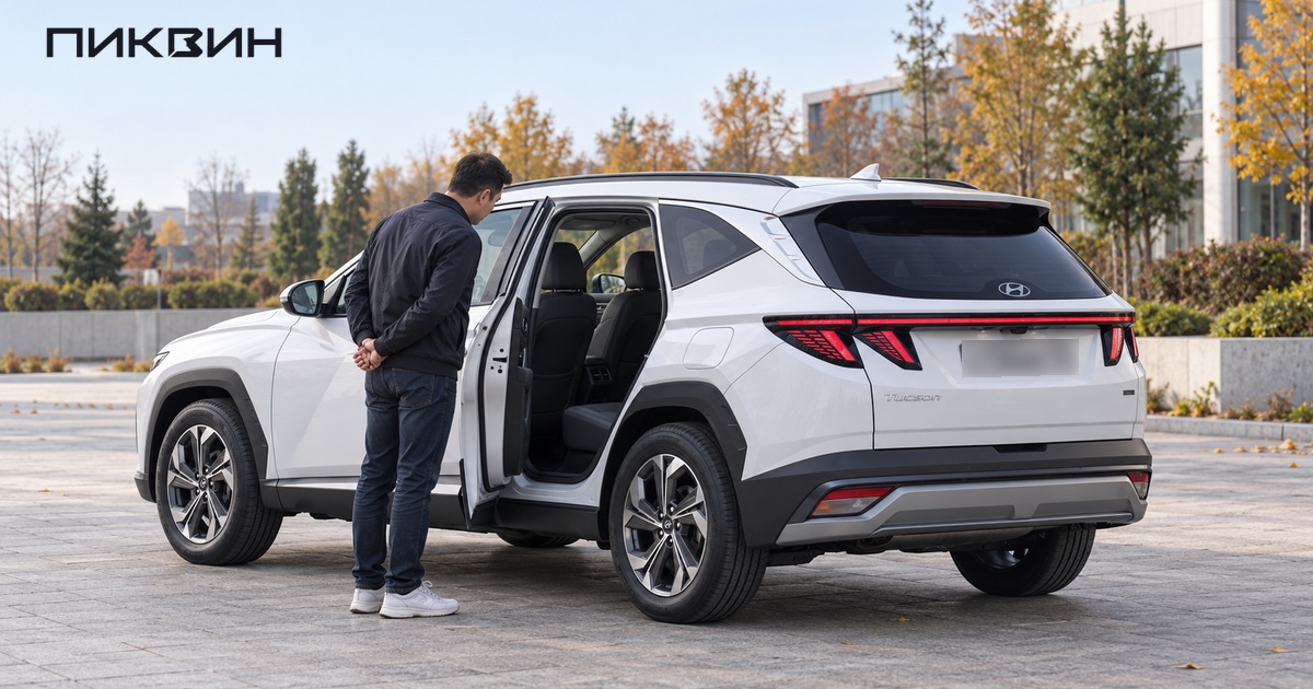 Осмотр пустого заднего ряда Hyundai Tucson: покупатель стоит снаружи.
