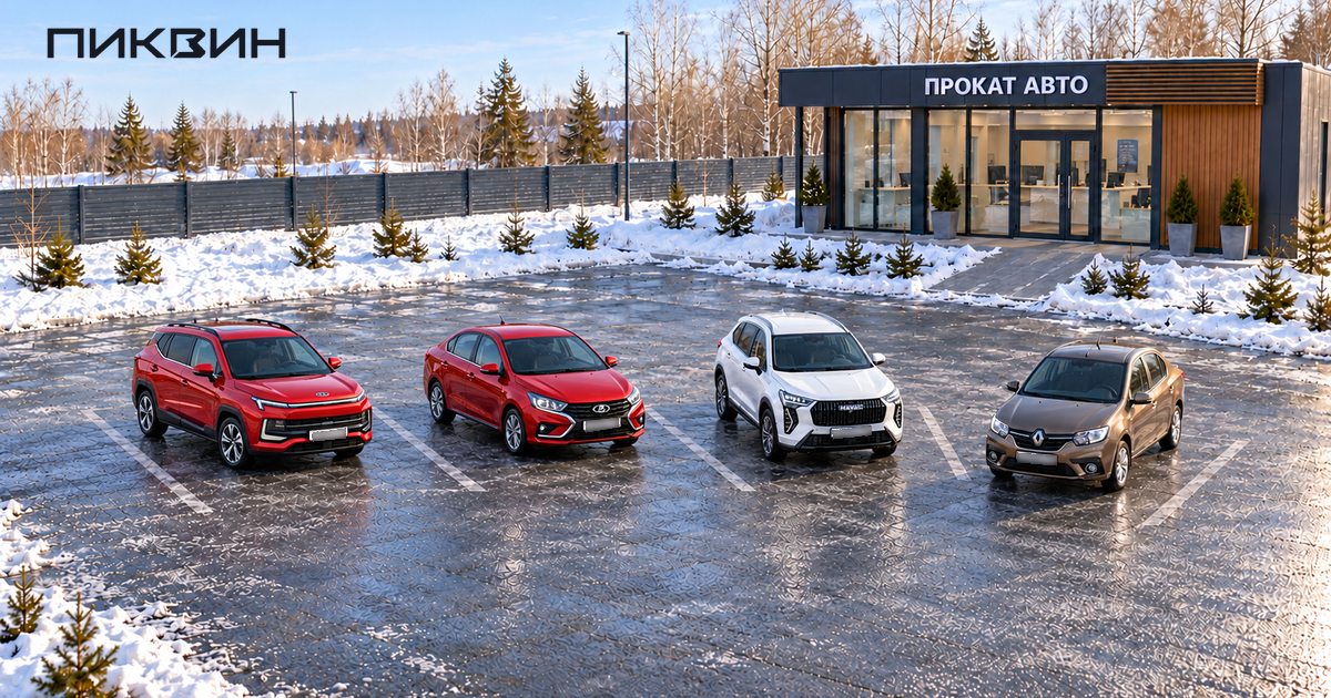 Парк из четырёх автомобилей разных классов у офиса проката.