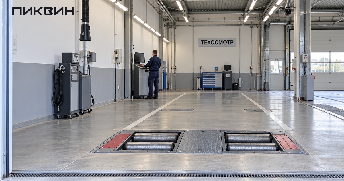 Оборудованная линия техосмотра с тормозным стендом и экспертом у консоли.