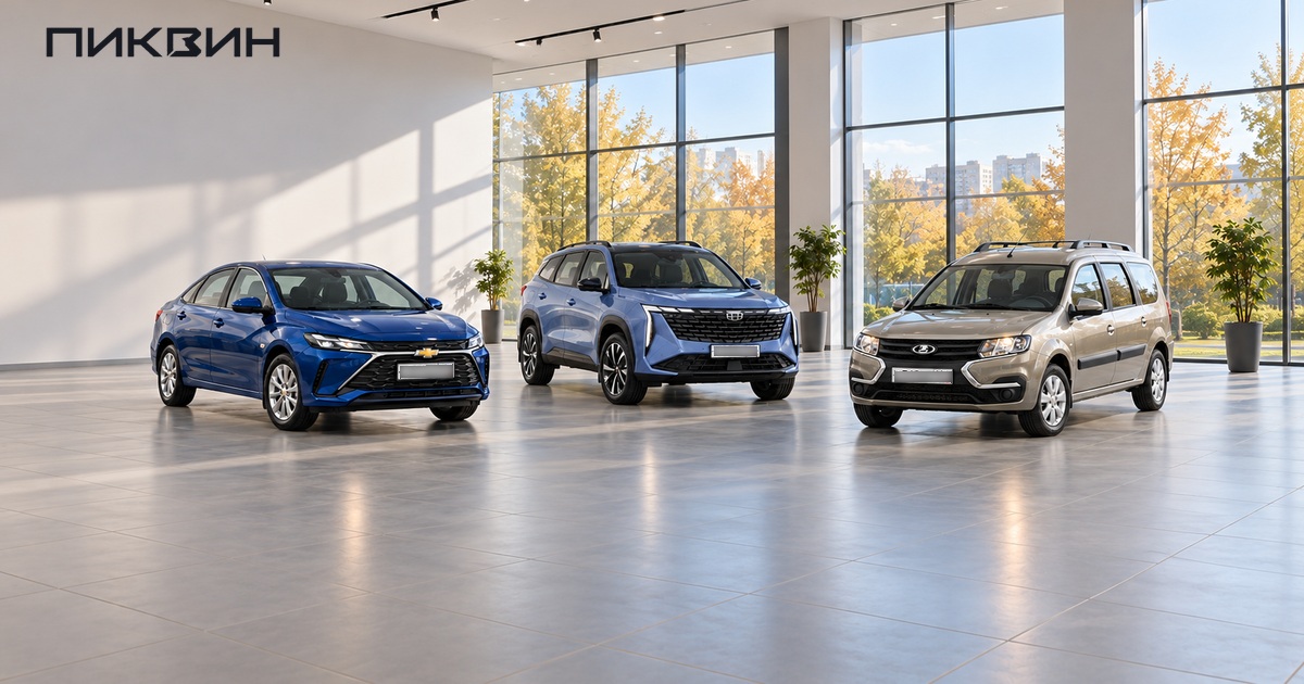 Chevrolet Monza, Geely Atlas и Lada Largus на отдельных местах в многомарочном автосалоне.